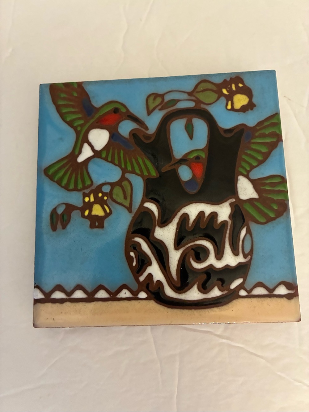 Earthtones Vintage Pottery Tile 4x4 Humming Bird Wedding Vase Farmhouse Country